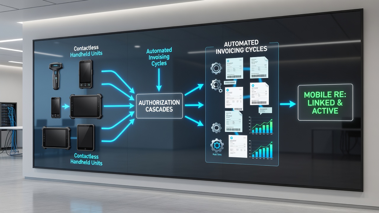 Mobile retail network dashboard showing synchronized invoicing across regions