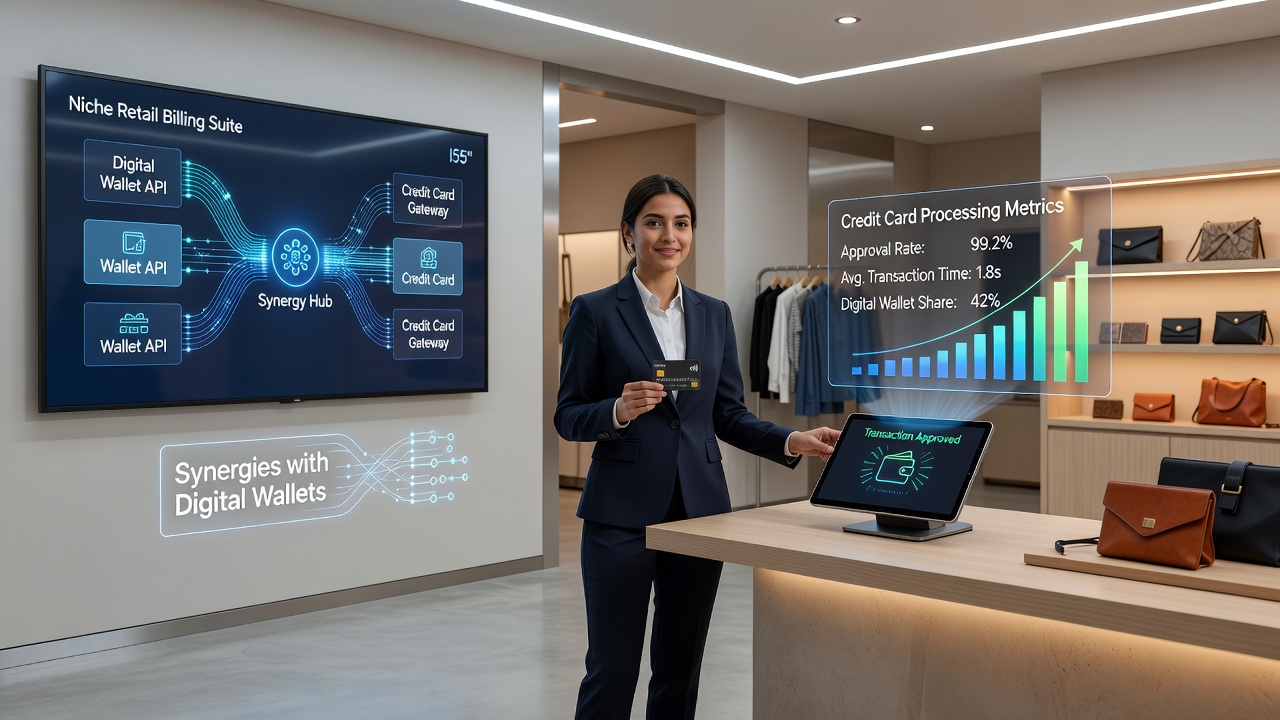 Digital wallet transaction flow diagram integrated with billing software in a retail credit card processing scenario