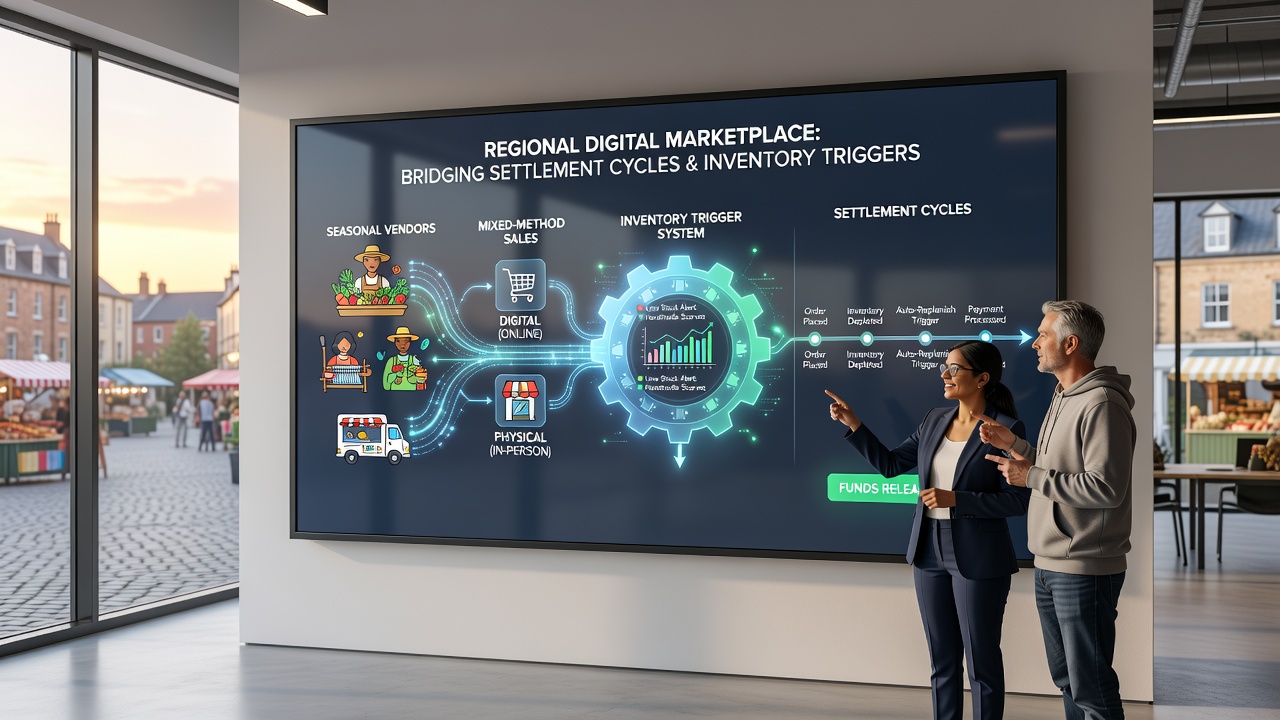 Seasonal vendors managing inventory and settlement cycles in a regional digital marketplace interface