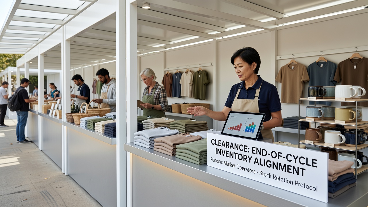Stall operators reviewing inventory lists alongside payment settlement records at a periodic market