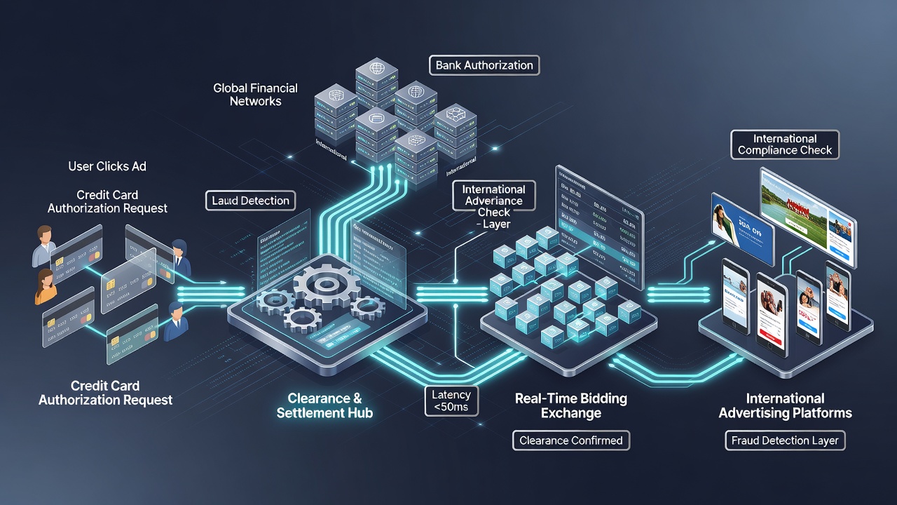Detailed view of settlement pathways between card processors and real-time art auction systems