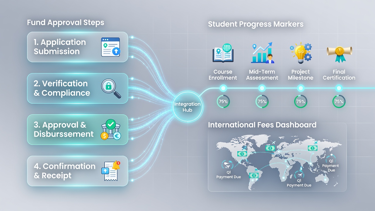 Digital learning platform dashboard displaying fund approval workflows integrated with student milestone tracking for international fee payments
