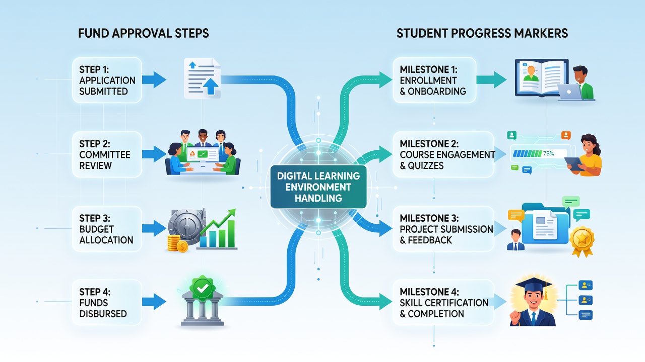 International student dashboard showing synchronized progress markers and fee approval status across multiple payment cycles