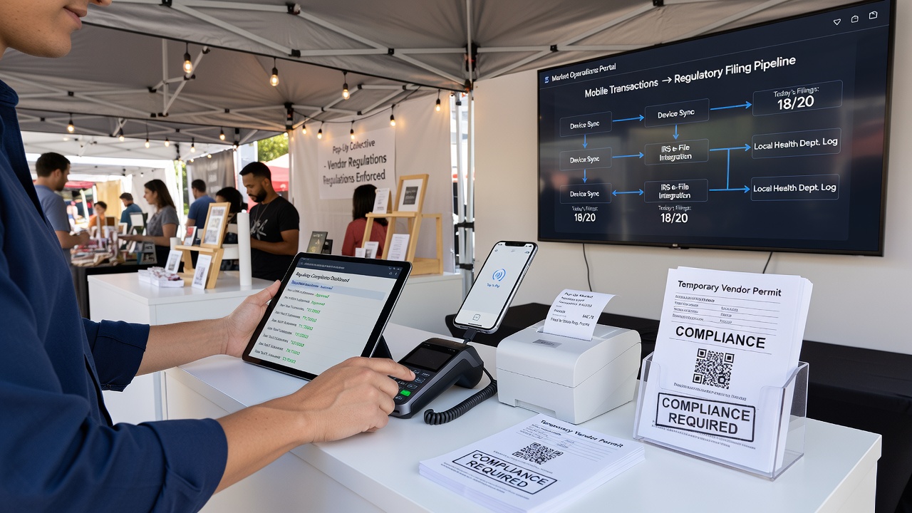 Regulatory filing dashboard displaying synced transaction data from mobile devices used in pop-up markets