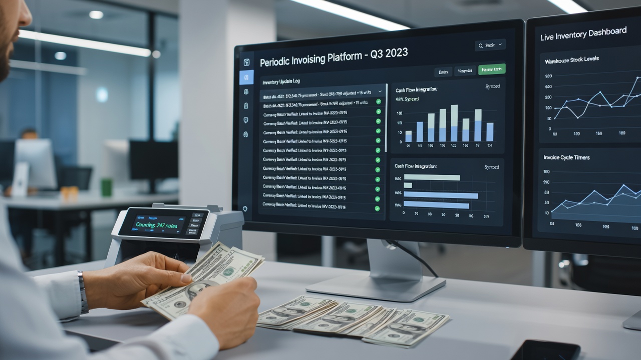 Inventory dashboard syncing with periodic invoice records across multiple currencies