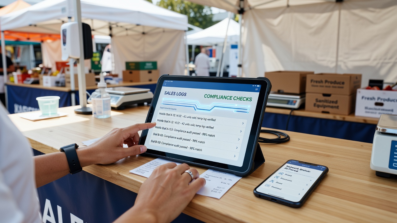 Close-up of a mobile stall operator reviewing synced sales logs on a tablet connected to a paired payment terminal during a compliance audit simulation