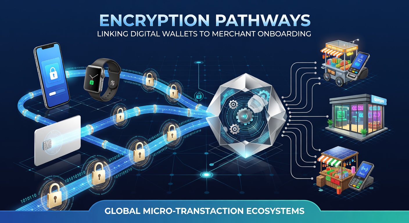Diagram showing encrypted connections between digital wallets and merchant onboarding systems in global micro-transaction networks