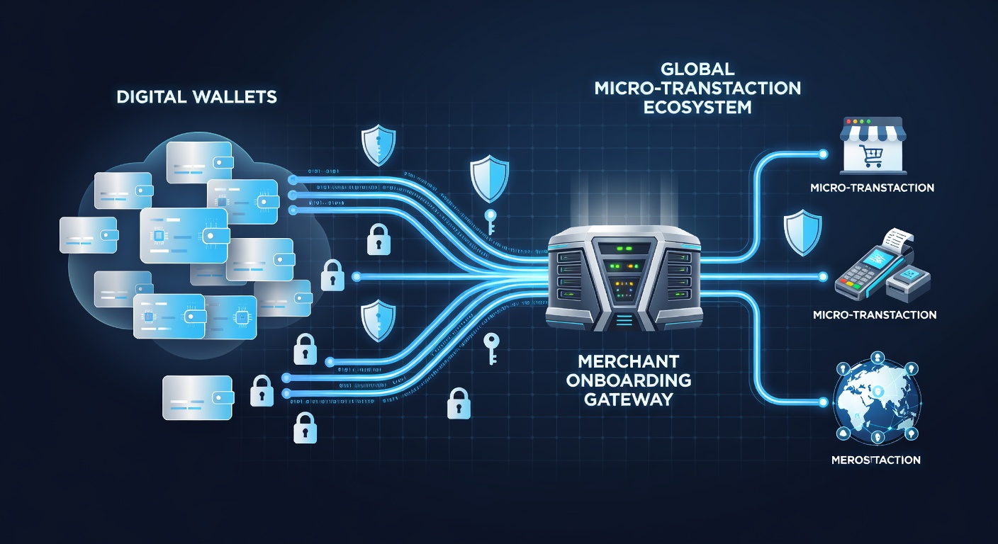 Illustration of secure data flows during merchant verification and digital wallet integration for micro-payments
