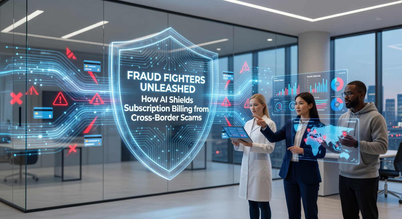 Digital shield icon representing AI blocking fraudulent transactions in a global network of subscription services