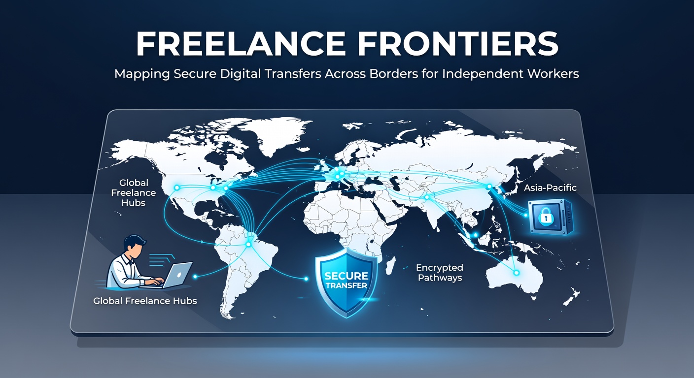 Secure digital transfer interface showing encrypted data flow between freelancer and international client