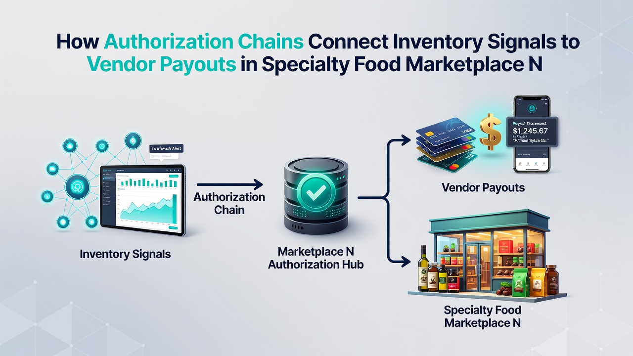 Flow diagram of authorization chain linking inventory updates to vendor disbursement in food marketplaces