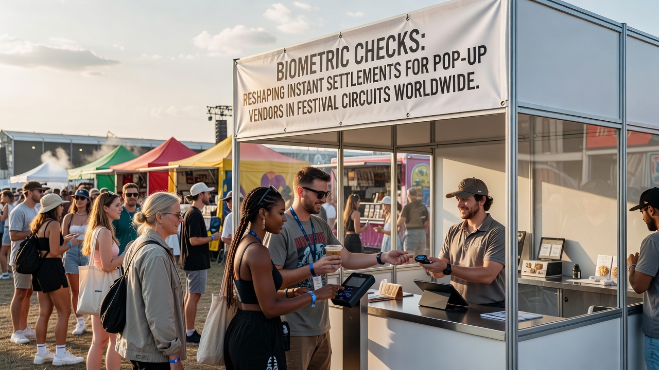 Festival vendor reviewing instant settlement confirmation on mobile device