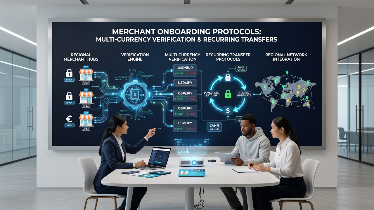 Merchant onboarding dashboard showing multi-currency verification steps for regional retail networks