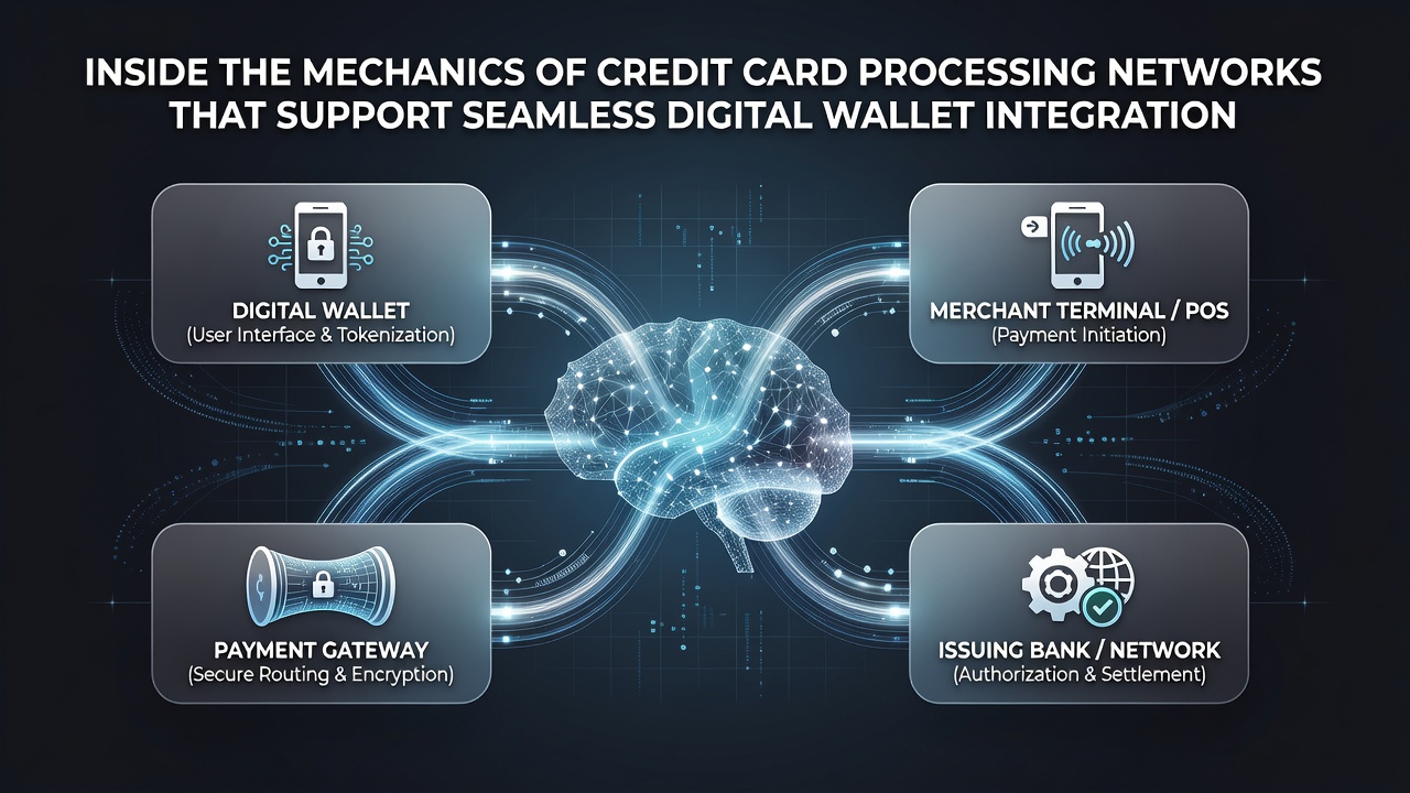 Illustration of global subscription model with digital wallet tokens flowing through credit card networks