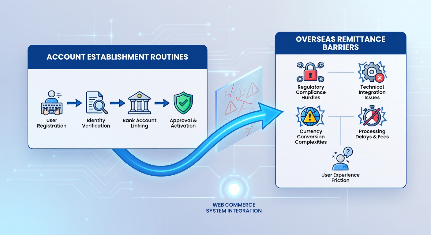 Data flows connecting merchant verification steps to international transfer pathways