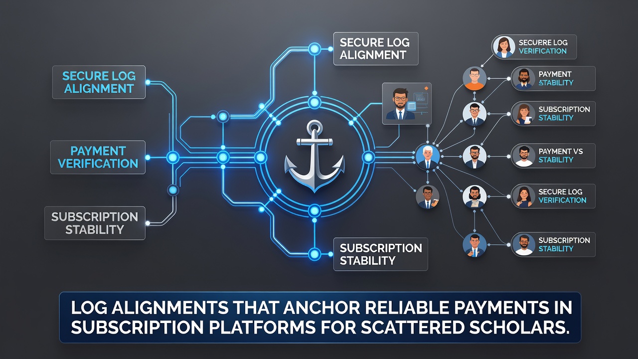 Distributed scholar accessing subscription platform with aligned payment logs displayed on screen