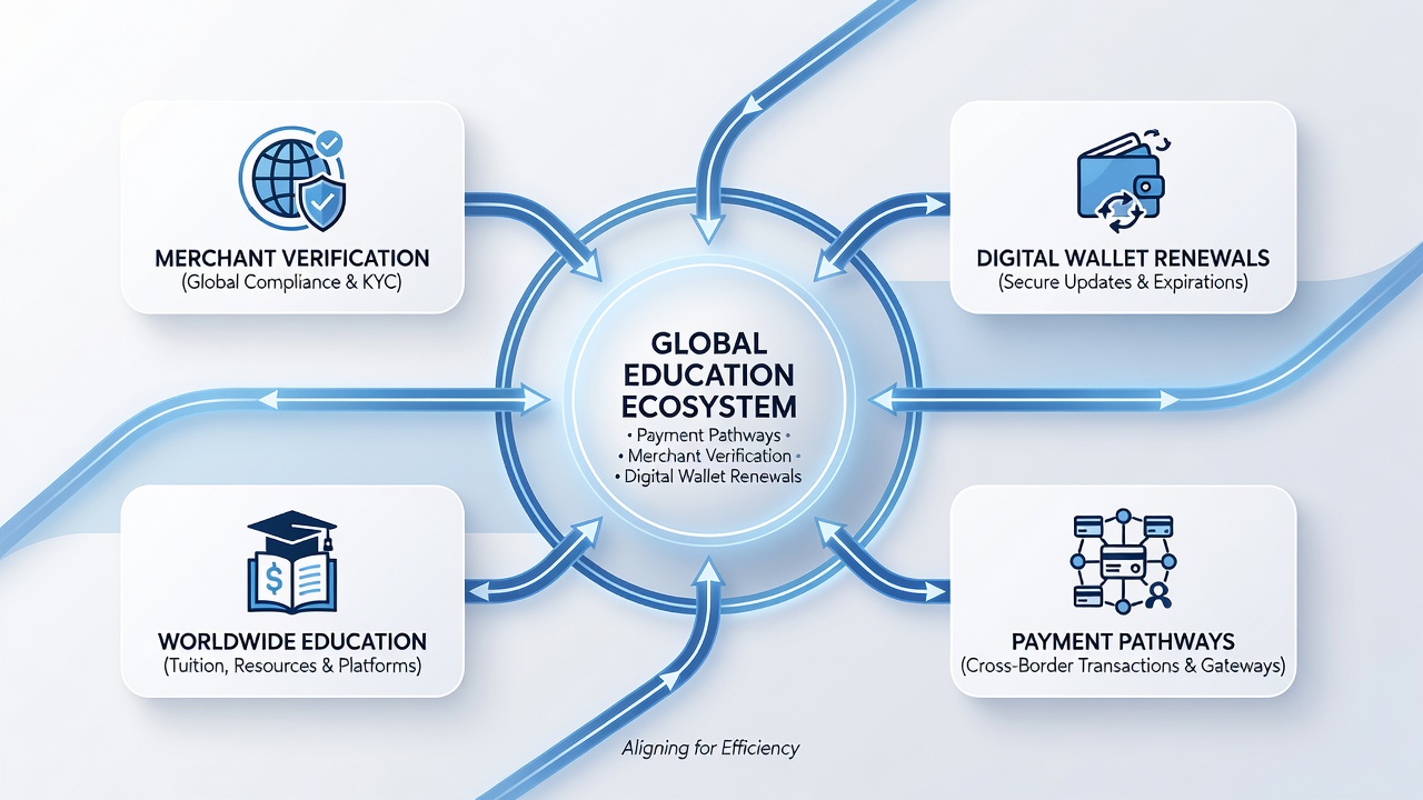 Digital wallet renewal interface connected to merchant verification dashboard for education payments