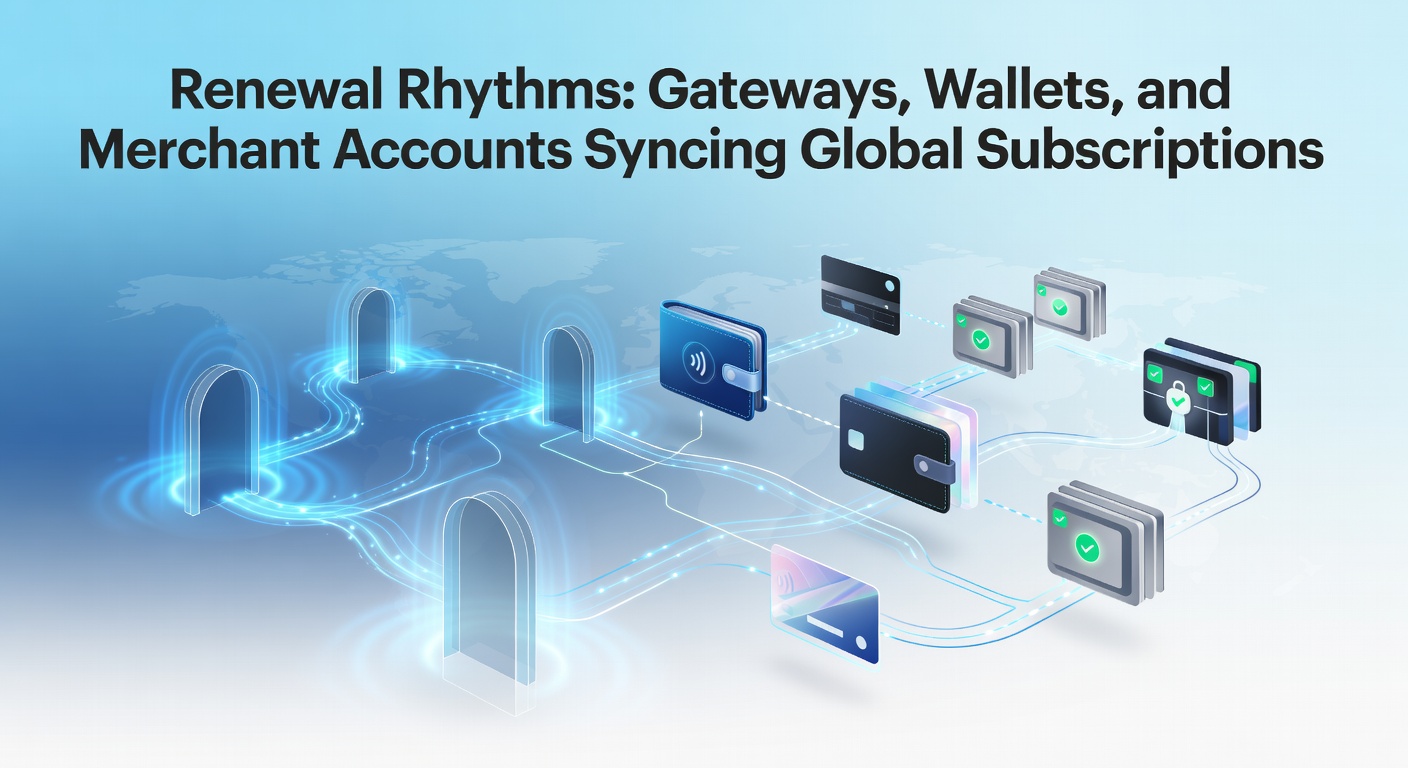 Digital gateways and wallets interconnecting on a global map, illustrating synchronized subscription renewals across borders