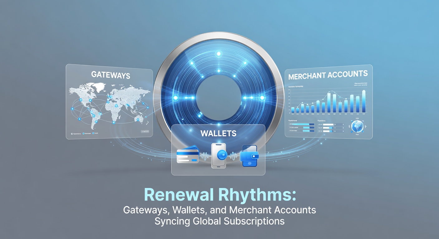 Illustration of wallet icons linking to merchant accounts and gateways, with arrows showing data sync for subscription renewals