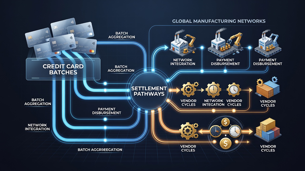 Illustration of global manufacturing supply chain with overlaid settlement and vendor payment timelines