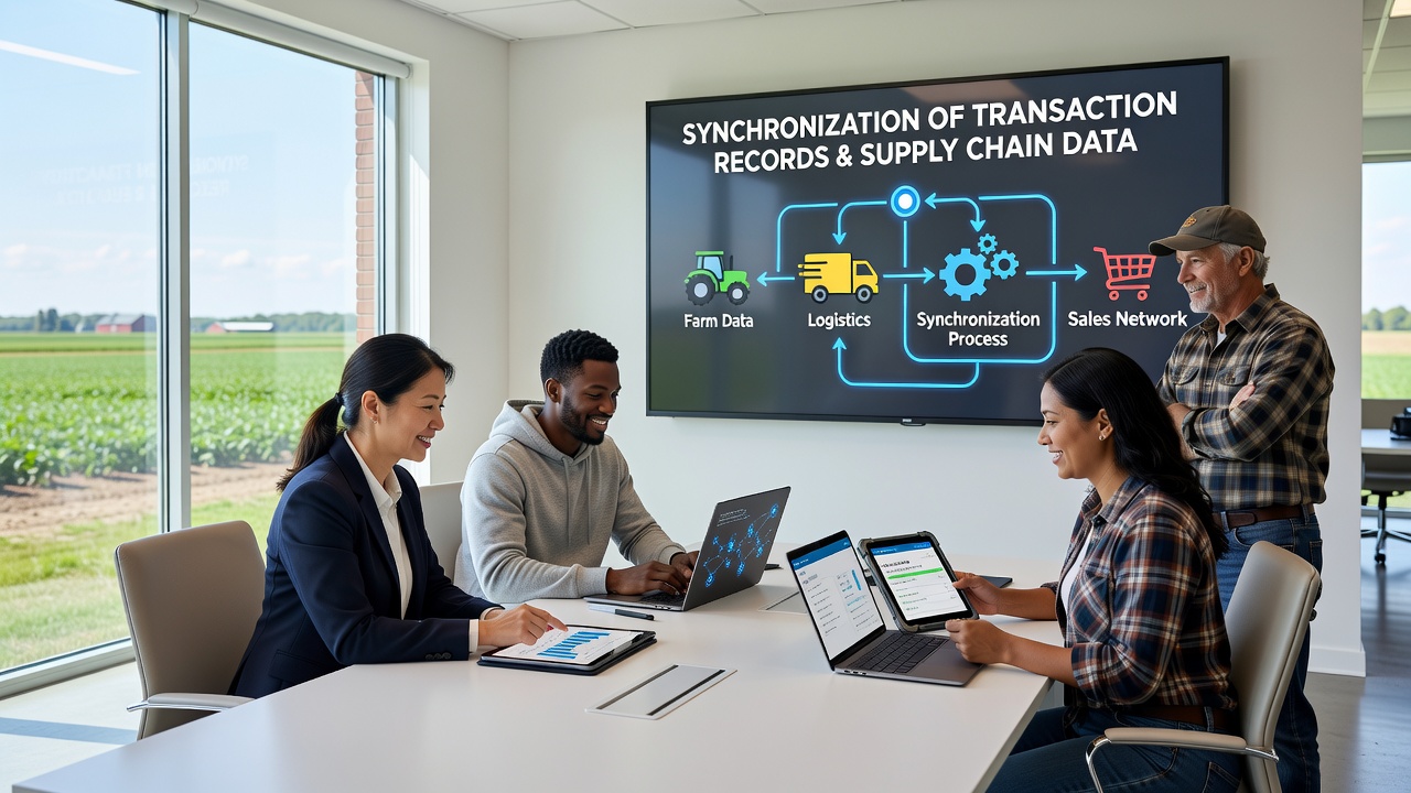 Cooperative farmers reviewing synchronized transaction and supply chain dashboards on tablets in a rural warehouse setting