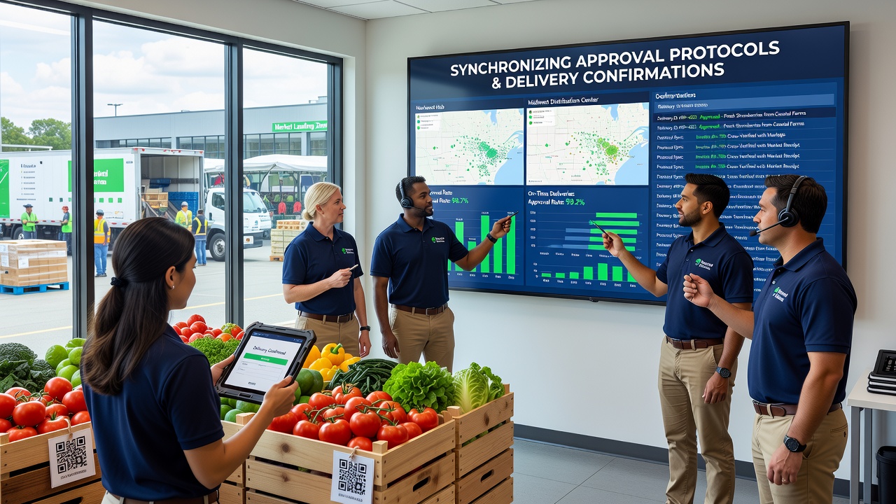 Digital interface displaying synchronized approval status and delivery confirmation data for regional produce shipments