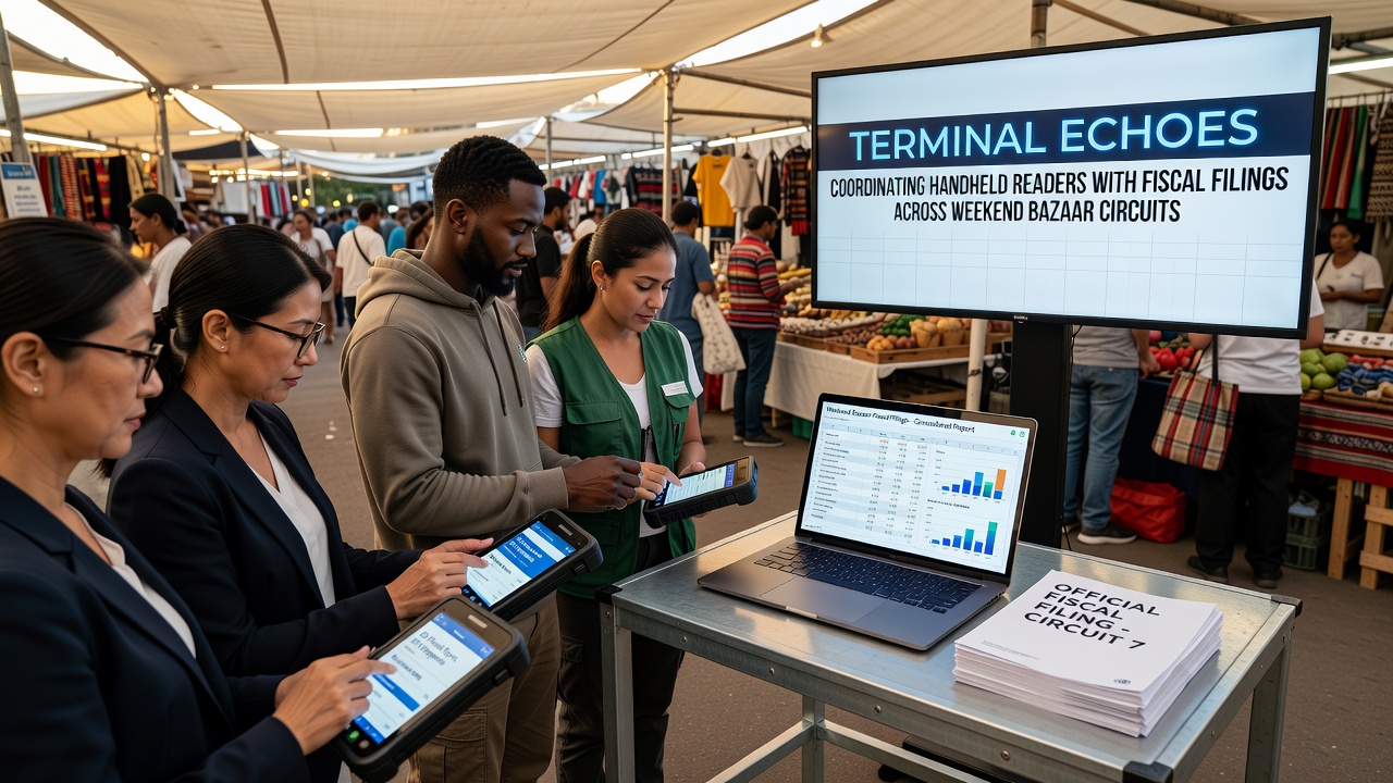 Handheld payment reader syncing transaction data at a crowded weekend bazaar stall