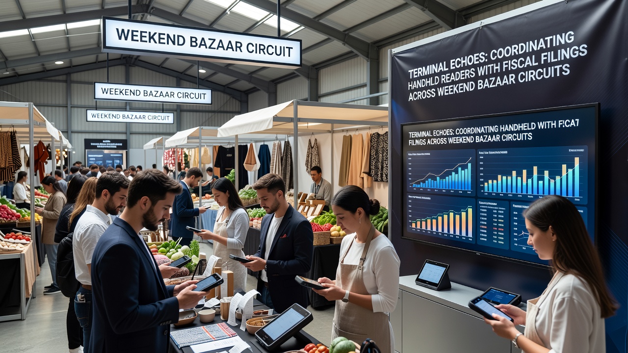 Vendor reviewing synchronized fiscal reports from handheld readers after a bazaar event