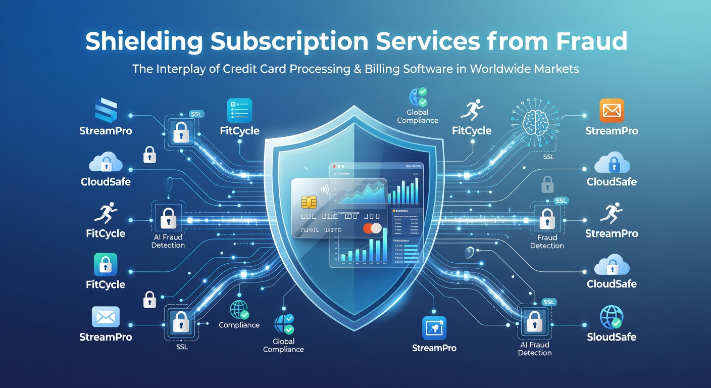 Integrated credit card processing dashboard showing real-time authorization checks alongside subscription billing software interfaces