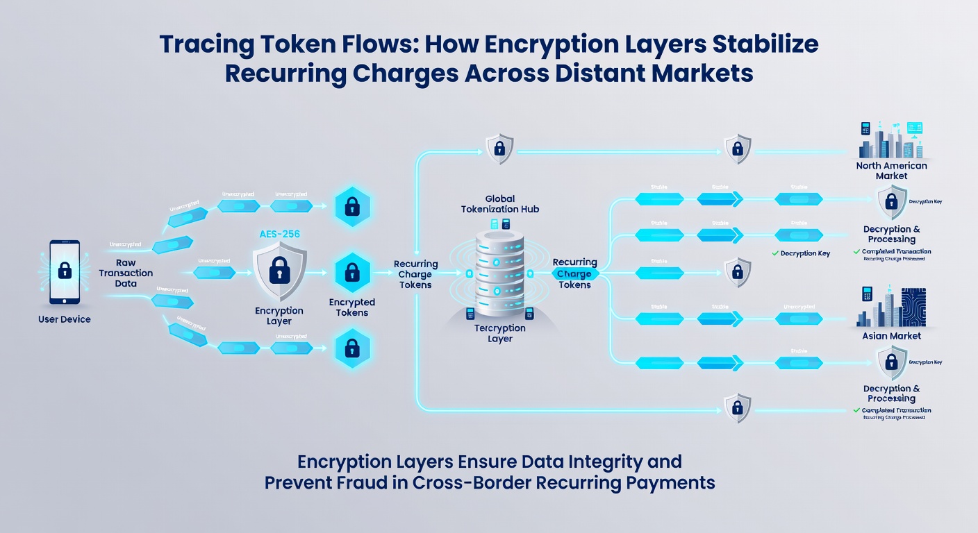 Network visualization showing encrypted token pathways connecting subscription billing systems in multiple geographic regions